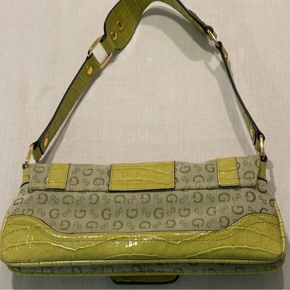 Vintage GUESS Y2K Green Shoulder Bag Monogram Brass Buckle Purse Croc Pattern - Picture 9 of 16